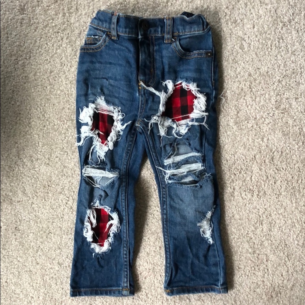 EUC custom buffalo plaid patch jeans 24months